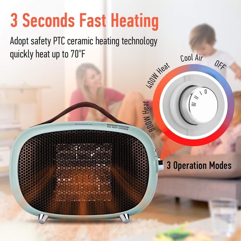 Teioe Space Heater, Mini Electric Space Heater 800W/400W, Small PTC Ceramic Heater with Tip-Over and Overheat Protection, 3 Operating Modes, Space Heaters for Office, Bedroom and Under Desk (GREEN) - Image 3